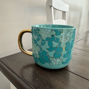 Teal Floral Mug with Gold Handle